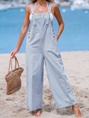 Striped Wide Leg Overalls - Blue & White